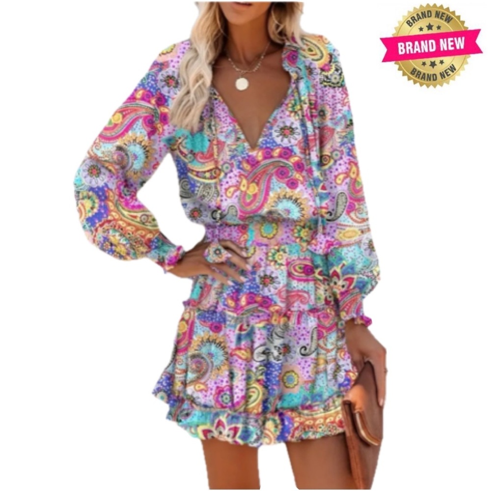 Colorful Paisley Print Women's V-Neck Dress